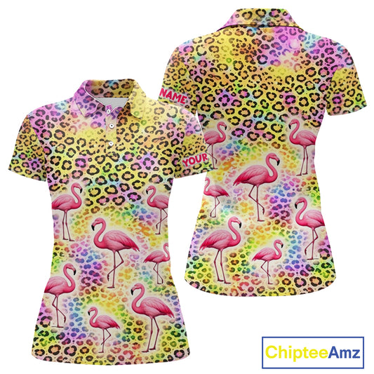 Flamingo Womens Golf Polo Shirt Colorful Rainbow Leopard Print Pattern Custom Team Ladies Golf Top NHN0181