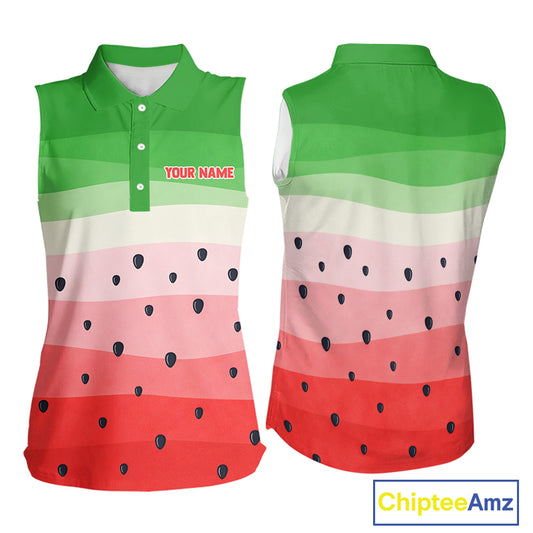 Funny Watermelon Polo Shirt, Womens Sleeveless Golf Polo Shirt Custom Watermelon Pattern Team Golf Top NHN0182