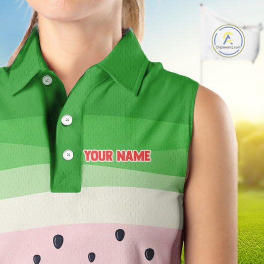 Funny Watermelon Polo Shirt, Womens Sleeveless Golf Polo Shirt Custom Watermelon Pattern Team Golf Top NHN0182