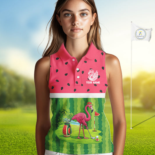 Funny Watermelon Polo Shirt, Womens Sleeveless Golf Polo Custom Tropical Pattern, Flamingo Golf Shirts NHN0183