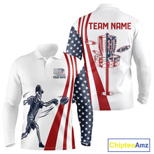 Load image into Gallery viewer, Funny Skull Mens Long Sleeve Disc Golf Polo Shirt Custom American Flag Disc Golf Basket Golf Shirts NHN0051