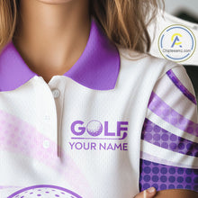 Load image into Gallery viewer, Purple And White Womens Golf Polo Shirts Custom Name Golf Shirt For Ladies Personalized Golf Ball NHN0053