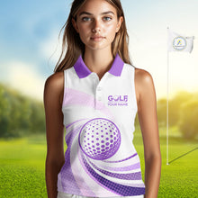 Load image into Gallery viewer, Purple And White Womens Sleeveless Golf Polo Shirt Custom Name Golf Shirt For Ladies Personalized NHN0053