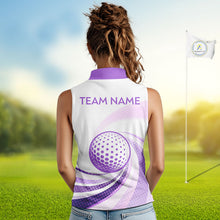 Load image into Gallery viewer, Purple And White Womens Sleeveless Golf Polo Shirt Custom Name Golf Shirt For Ladies Personalized NHN0053