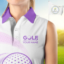 Load image into Gallery viewer, Purple And White Womens Sleeveless Golf Polo Shirt Custom Name Golf Shirt For Ladies Personalized NHN0053