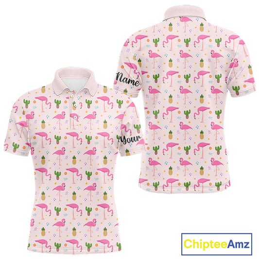 Pink Flamingo Pattern Mens Golf Polo Shirts Custom Funny Desert Cactus Team Golf Tops For Men, Golf Gifts NHN0184