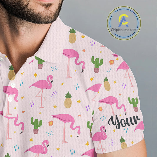Pink Flamingo Pattern Mens Golf Polo Shirts Custom Funny Desert Cactus Team Golf Tops For Men, Golf Gifts NHN0184