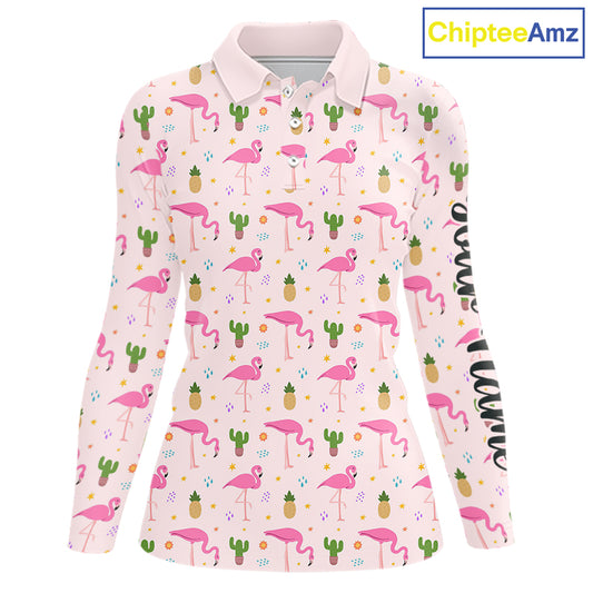 Tropical Pink Flamingo Pattern Womens Long Sleeve Golf Polo Shirts Custom Funny Team Ladies Golf Tops NHN0184