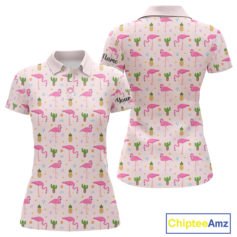 Pink Flamingo Pattern Womens Golf Polo Shirts Custom Funny Desert Cactus Team Ladies Golf Tops, Golf Gift NHN0184