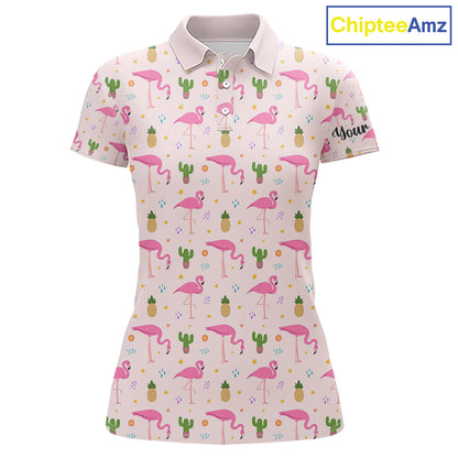 Pink Flamingo Pattern Womens Golf Polo Shirts Custom Funny Desert Cactus Team Ladies Golf Tops, Golf Gift NHN0184