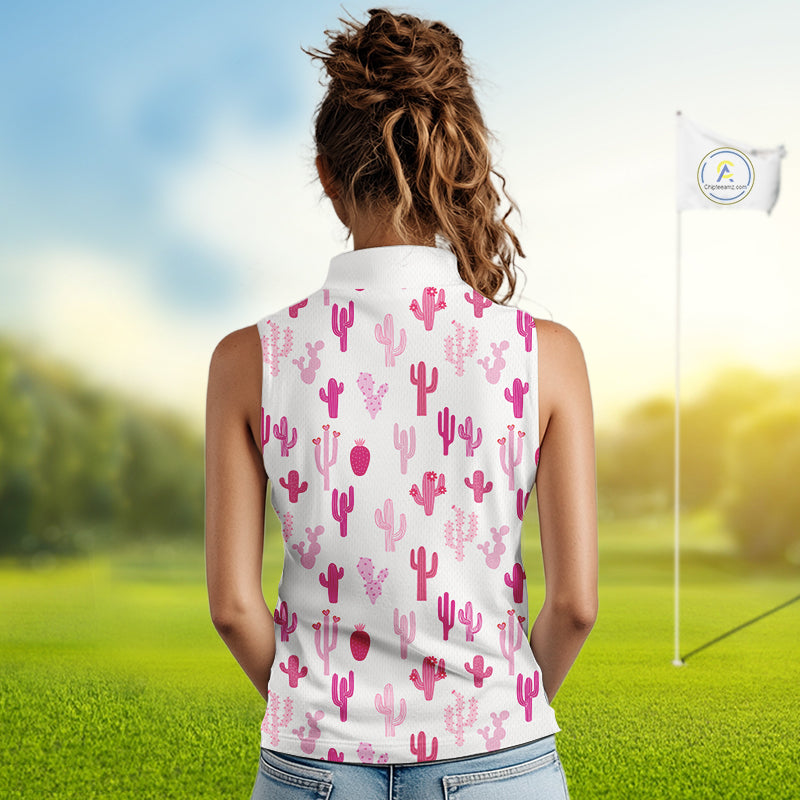 Funny Pink Cactus Pattern Womens Sleeveless Golf Polo Shirts Custom Cactus Ladies Golf Attire, Golf Gift NHN0185