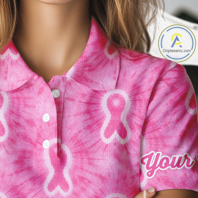 Pink Breast Cancer Golf Shirt Custom Name Tie Dye Women Golf Polo Shirt Personalized Golf Gifts NHN0188