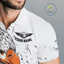 Load image into Gallery viewer, Custom Mens Golf Polo Shirt Orange &amp; White Grunge Ripped Eagle Grasping Golf Ball Golf Apparel NHN0054