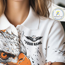 Load image into Gallery viewer, Custom Womens Golf Polo Shirt Orange &amp; White Grunge Ripped Eagle Grasping Golf Ball Golf Apparel NHN0054