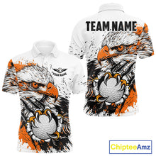 Load image into Gallery viewer, Custom Mens Golf Polo Shirt Orange &amp; White Grunge Ripped Eagle Grasping Golf Ball Golf Apparel NHN0054