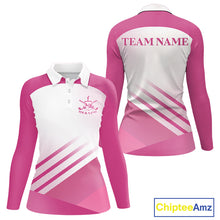 Load image into Gallery viewer, Womens Long Sleeve Polo Golf Shirts Custom Pink And White Pattern Golf Cart &amp; Golf Ball Design NHN0059