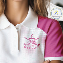 Load image into Gallery viewer, Womens Golf Polo Shirt Custom Pink And White Pattern With Golf Cart Golf Ball Shirts For Women NHN0059