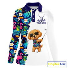 Load image into Gallery viewer, Funny Womens Long Sleeve Golf Polo Shirt Custom Tropical Pattern, Golden Retriever Golf Shirt, Dog Gift NHN0196