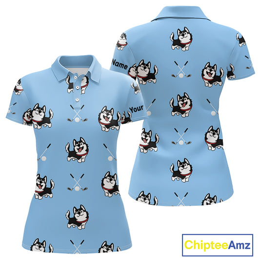 Funny Husky Blue Pattern Custom White Womens Golf Polo Shirts, Team Ladies Golf Tops, Dog Lover Gift NHN0065