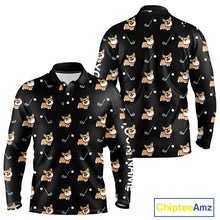 Load image into Gallery viewer, Black Mens Long Sleeve Golf Polo Shirt Custom Cute Dogs Corgi Print Golf Shirts For Men, Dog Lover Gift NHN0069