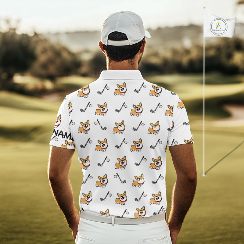 Mens Golf Polo Shirt Custom Cute Dogs Corgi Print White Golf Shirts For Men, Dog Lover Gift NHN0069