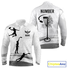 Load image into Gallery viewer, Disc Golf Basket Mens Long Sleeve Golf Polo Shirt Black And White Custom Name Team Disc Golf Shirt NHN0035