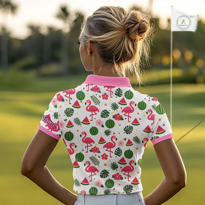 Pink Flamingo Tropical Pattern Womens Golf Polo Shirt Custom Funny Team Ladies Golf Tops, Golf Gift NHN0202