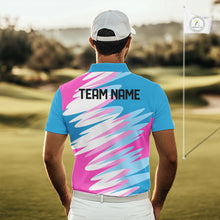 Load image into Gallery viewer, Mens Golf Polo Shirt Custom Blue And Pink Golf Shirt, White Team Golf Shirts Personalized  NHN0076