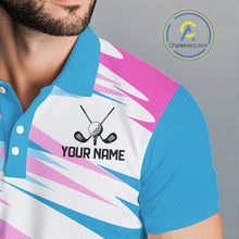 Load image into Gallery viewer, Mens Golf Polo Shirt Custom Blue And Pink Golf Shirt, White Team Golf Shirts Personalized  NHN0076