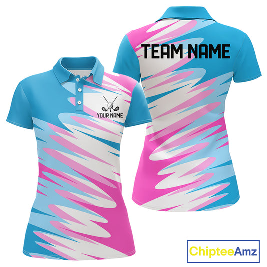 Womens Golf Polo Shirts Custom Blue And Pink Golf Shirt Personalized White Team Golf Shirts NHN0076
