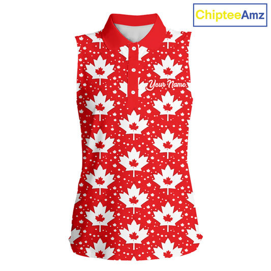 Red Maple Leaves Pattern Canadian Sleeveless Womens Golf Polo Shirts Custom Patriotic Golf Shirts For Men NHN0207