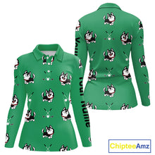 Load image into Gallery viewer, Womens Long Sleeve Golf Polo Shirt Custom Funny Husky Green Pattern Team Ladies Golf Tops, Dog Lover Gift NHN0065