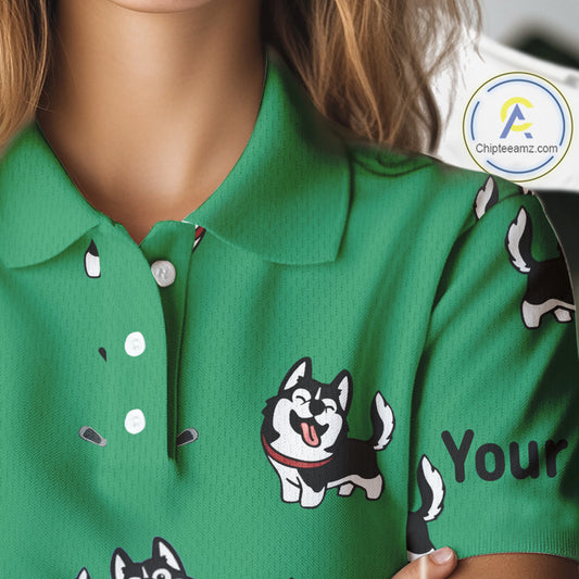 Womens Golf Polo Shirt Custom Funny Husky Green Pattern Team Ladies Golf Tops, Dog Lover Gift NHN0065