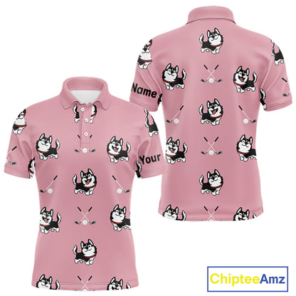 Mens Golf Polo Shirt Custom Funny Husky Pink Pattern Team Golf Tops For Men, Dog Lover Gift NHN0065