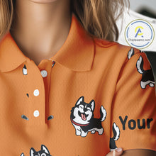 Load image into Gallery viewer, Womens Golf Polo Shirt Custom Funny Husky Orange Pattern Team Ladies Golf Tops, Dog Lover Gift NHN0065
