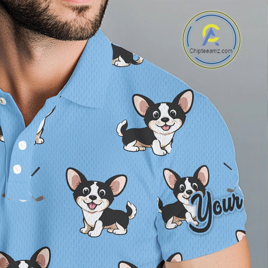 Mens Golf Polo Shirt Custom Funny Chihuahua Blue Pattern Team Mens Golf Top, Dog Lover Gift NHN0211