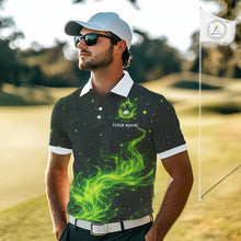 Load image into Gallery viewer, Mens Golf Polo Shirt Neon Green Flame Golf Ball Custom Green Clover St Patricks Day Golf Shirts NHN0223