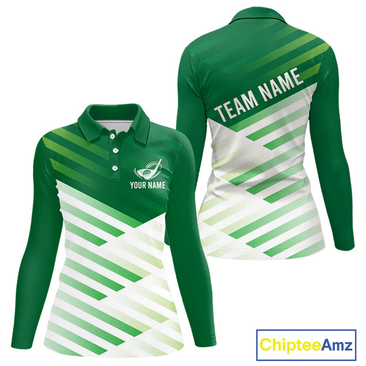 Green And White Womens Long Sleeve Golf Polo Shirt Custom Name Golf Shirts For Team, Golf Gifts NHN0097