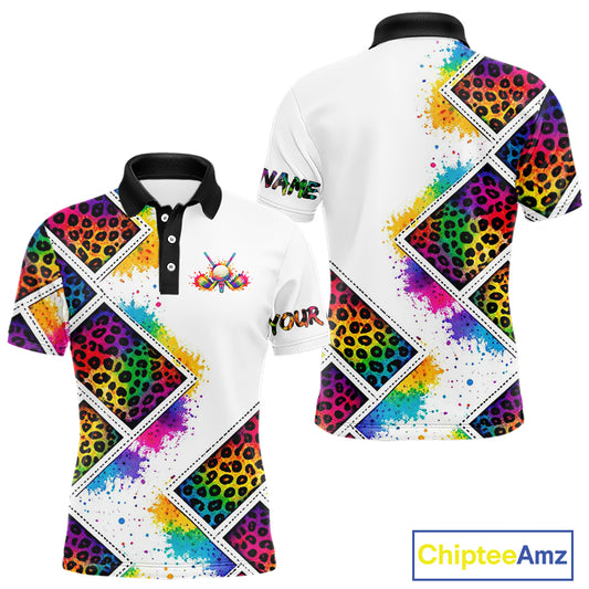 Mens Golf Polo Shirt Colorful Rainbow Leopard Print Pattern Custom Golf Ball Team Golf Tops, Golf Gift NHN0227