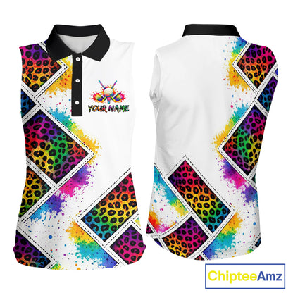 Womens Sleeveless Golf Polo Shirt Colorful Rainbow Leopard Print Pattern Custom Team Golf Tops NHN0227