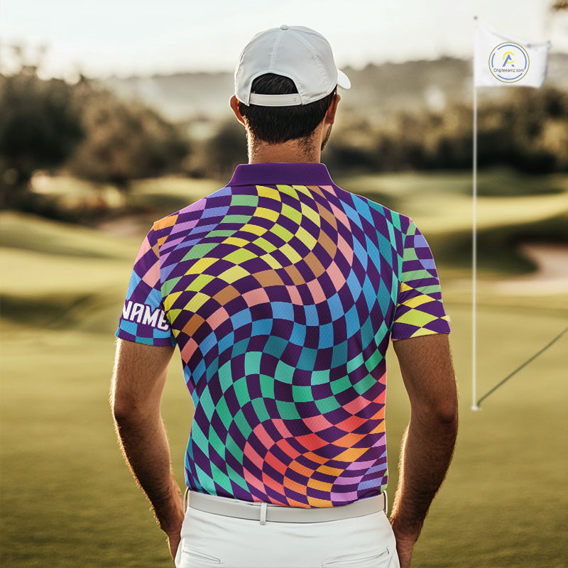 Mens Golf Polo Shirt Custom Checkerboard Argyle Pattern Golf Shirts For Men, Golf Gifts NHN0123