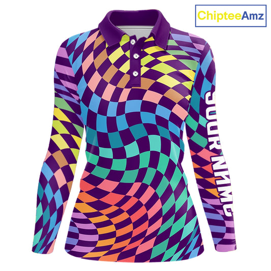 Womens Long Sleeve Golf Polo Shirt Custom Checkerboard Argyle Pattern Golf Shirts For Ladies NHN0123