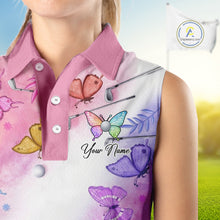 Load image into Gallery viewer, Butterfly Womens Sleeveless Golf Polo Shirt Custom Name Floral Colorful Watercolor Golf Shirts, Golf Gifts NHN0126