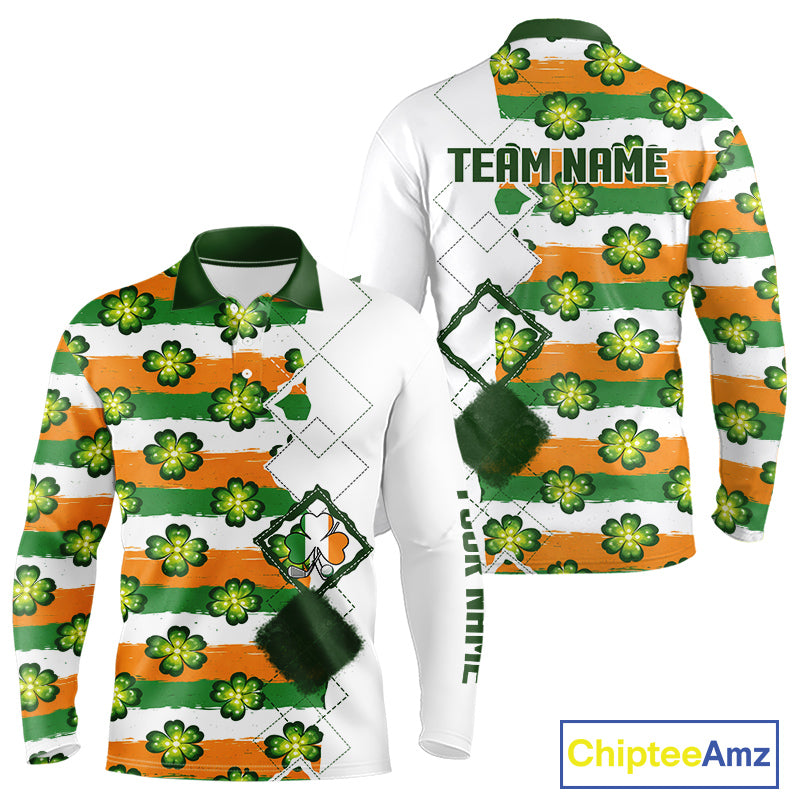 Long Sleeve Golf Polo Shirt Custom Green Clover St Patricks Day Pattern Ireland Flag Golf Top NHN0139
