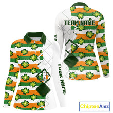 Load image into Gallery viewer, Womens Long Sleeve Golf Polo Shirt Custom Green Clover St Patricks Day Pattern Ireland Flag Golf Top NHN0139