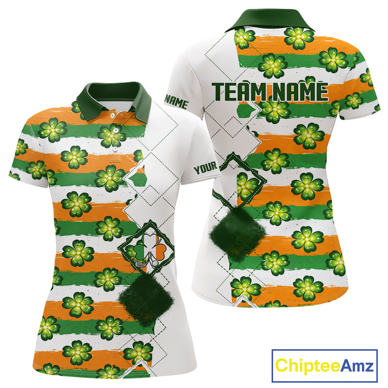 Womens Golf Polos Shirts Custom Green Clover St Patricks Day Pattern Ireland Flag Golf Top Shirt NHN0139