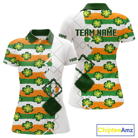 Womens Golf Polos Shirts Custom Green Clover St Patricks Day Pattern Ireland Flag Golf Top Shirt NHN0139