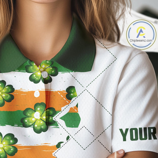 Womens Golf Polos Shirts Custom Green Clover St Patricks Day Pattern Ireland Flag Golf Top Shirt NHN0139