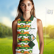 Load image into Gallery viewer, Womens Sleeveless Golf Polo Shirt Custom Green Clover St Patricks Day Pattern Ireland Flag Golf Top NHN0139