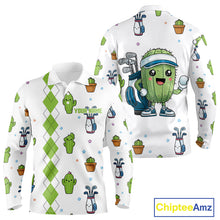 Load image into Gallery viewer, Argyle Pattern Mens Long Sleeve Golf Polo Shirt Custom Funny Cactus Golf Shirt Golfer Gifts NHN0012
